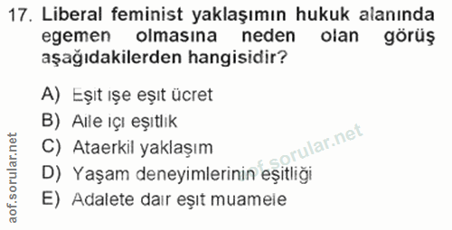 17. soru: Liberal feminist yaklaşımın hukuk alanında egemen olmasına neden olan görüş aşağıdakilerden hangisidir? A) Eşıt ışe e…