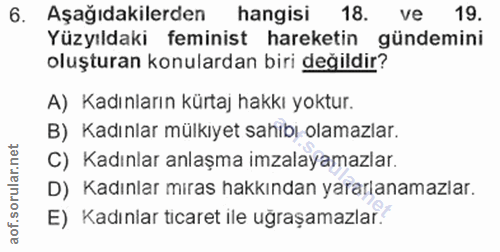 6. soru: Aşağıdakilerden hangisi 18. ve 19. Yüzyıldaki feminist hareketin gündemini oluşturan konulardan biri değildir? A) Kad…