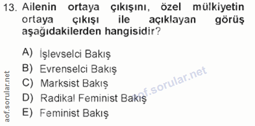 13. soru: Ailenin ortaya çıkışını, özel mülkiyetin ortaya Çıkışı ile açıklayan görüş aşağıdakilerden hangisidir? A) İşlevselci…