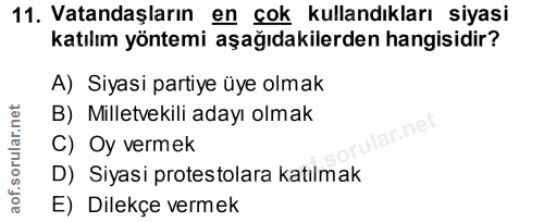 11. soru: Vatandaşların en çok kullandıkları siyasi katılım yöntemi aşağıdakilerden hangisidir? A) Siyasi partiye üye olmak B)…