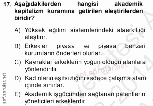 17. soru: Aşağıdakilerden hangisi akademik kapitalizm kuramına getirilen eleştirilerden biridir? A) Yüksek eğitim sistemlerinde…