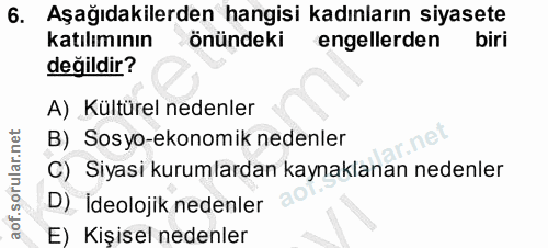 6. soru: Aşağıdakilerden hangisi kadınların siyasete katılımının önündeki engellerden biri değildir? A) Kültürel nedenler B) _…