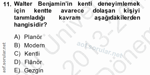 11. soru: Walter Benjamin'in kenti deneyimlemek için kentte avarece dolaşan(kişiyi tanımladığı kavram aşağıdakilerden hangisidi…