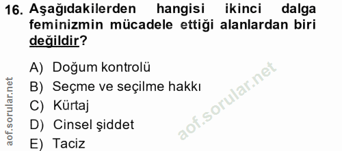 16. soru: Aşağıdakilerden hangisi ikinci dalga feminizmin mücadele ettiği alanlardan biri değildir? A) Doğum kontrolü B) Seçme…