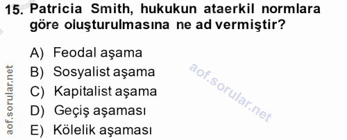 15. soru: Patricia Smith, hukukun ataerkil normlara göre oluşturulmasına ne ad vermiştir? A) Feodal aşama B) Sosyalist aşama C)…