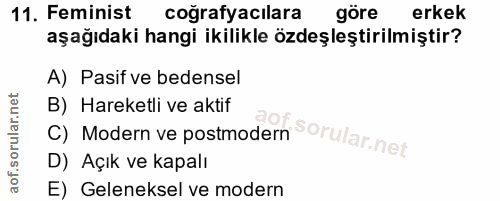 11. soru: Feminist coğrafyacılara göre erkek aşağıdaki hangi ikilikle özdeşleştirilmiştir? A) Pasif ve bedensel C) Modern ve po…