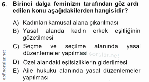 6. soru: Birinci dalga feminizm tarafından göz ardı edilen konu aşağıdakilerden hangisidir? A) Kadınları kamusal alana çıkarıl…