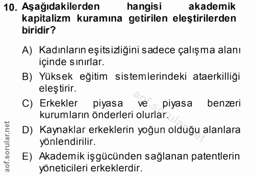 10. soru: Aşağıdakilerden hangisi akademik kapitalizm kuramına getirilen eleştirilerden biridir? A) Kadınların eşitsizliğini sa…