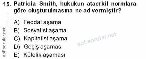 15. soru: Patricia Smith, hukukun ataerkil normlara göre oluşturulmasına ne ad vermiştir? A) Feodal aşama B) Sosyalist aşama C)…