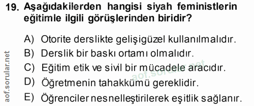 19. soru: Aşağıdakilerden hangisi siyah feministlerin eğitimle ilgili görüşlerinden biridir? A) Otorite derslikte gelişigüzel k…