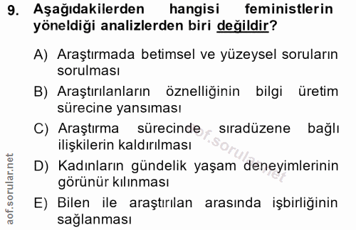 9. soru: Aşağıdakilerden hangisi feministlerin yöneldiği analizlerden biri değildir? A) Araştırmada betimsel ve yüzeysel sorul…