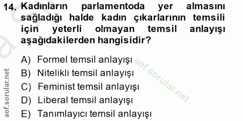 14. soru: Kadınların parlamentoda yer almasını sagladığı halde kadın çıkarlarının temsili için yeterli olmayan temsil anlayışı…