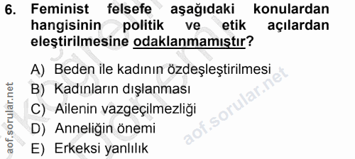 6. soru: Feminist felsefe aşağıdaki konulardan hangisinin politik ve etik açılardan eleştirilmesine odaklanmamıştır? A) Beden…