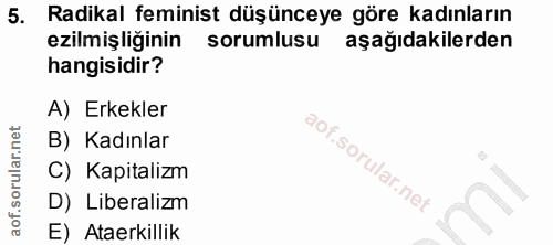 5. soru: Radikal feminist düşünceye göre kadınların ezilmiş liğinin sorumlusu aşağıdakilerden hangisidir? A) Erkekler B) Kadın…