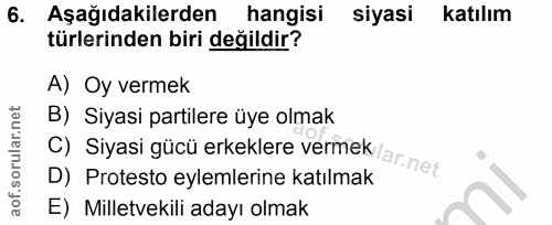 6. soru: Aşağıdakilerden hangisi siyasi katılım türlerinden biri değildir? A) Oy vermek B) Siyasi partilere üye olmak D) Prote…