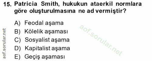 15. soru: Patricia Smith, hukukun ataerkil normlara göre oluşturulmasına ne ad vermiştir? A) Feodal aşama B) Kölelik aşaması C)…