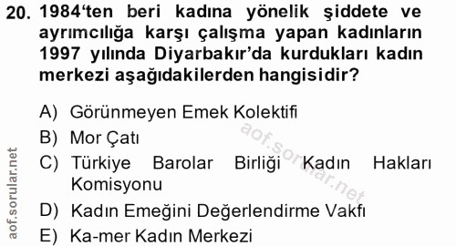 20. soru: 1984'ten beri kadına yönelik şiddete ve ayrımcılığa karşı çalışma yapan kadınların 1997 yılında Diyarbakır'da kurdukl…