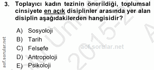 3. soru: Toplayıcı kadın tezinin önerildiği, toplumsal cinsiyete en açık disiplinler arasında yer alan disiplin aşağıdakilerde…