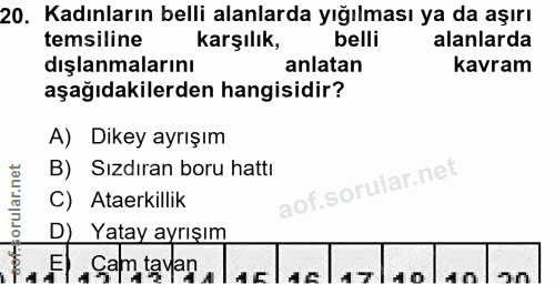 20. soru: Kadınların belli alanlarda yığılması ya da aşırı temsiline Karşılık, belli alanlarda dışlanmalarını anlatan kavram aş…