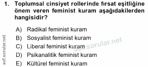 1. soru: Toplumsal cinsiyet rollerinde fırsat eşitliğine önem veren feminist kuram aşağıdakilerden hangisidir? A) Radikal femi…