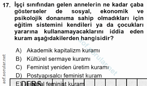 17. soru: İşçi sınıfından gelen annelerin ne kadar çaba gösterseler de sosyal, ekonomik ve psikolojik donanıma sahip olmadıklar…