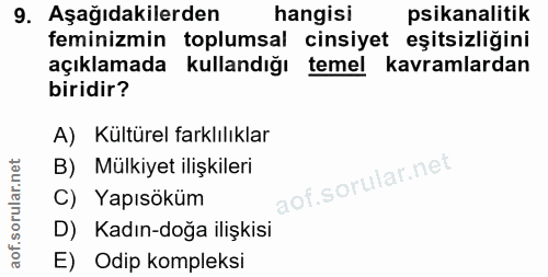 9. soru: Aşağıdakilerden hangisi psikanalitik feminizmin toplumsal cinsiyet eşitsizliğini açıklamada kullandığı temel kavramla…