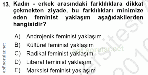 13. soru: Kadın - erkek arasındaki farklılıklara dikkat çekmekten ziyade, bu farklılıkları minimize eden feminist yaklaşım aşağ…