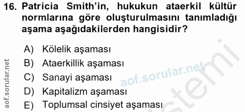 16. soru: Patricia Smith'in, hukukun ataerkil kültür normlarına göre oluşturulmasını tanımladığı aşama aşağıdakilerden hangisid…