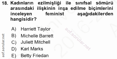 18. soru: Kadınların ezilmişliği ile sınıfsal sömürü arasındaki ilişkinin inşa edilme biçimlerini inceleyen feminist aşağıdakil…