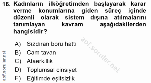 16. soru: Kadınların ilköğretimden başlayarak karar verme konumlarına giden süreç içinde düzenli olarak sistem dışına atılmalar…