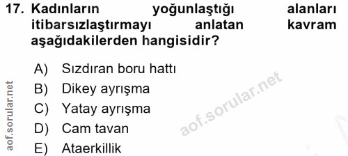 17. soru: Kadınların yoğunlaştığı alanları itibarsızlaştırmayı anlatan kavram aşağıdakilerden hangisidir? A) Sızdıran boru hatt…