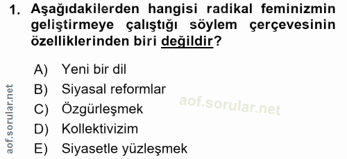 1. soru: Aşağıdakilerden hangisi radikal feminizmin geliştirmeye çalıştığı söylem çerçevesinin özelliklerinden biri değildir?…
