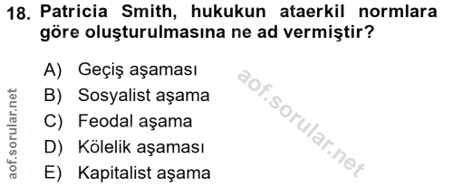18. soru: Patricia Smith, hukukun ataerkil normlara göre oluşturulmasına ne ad vermiştir? A) Geçiş aşaması B) Sosyalist aşama C…