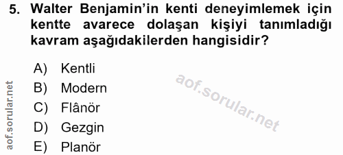 5. soru: Walter Benjamin'in kenti deneyimlemek için kentte avarece dolaşan kişiyi tanımladığı kavram aşağıdakilerden hangisidi…