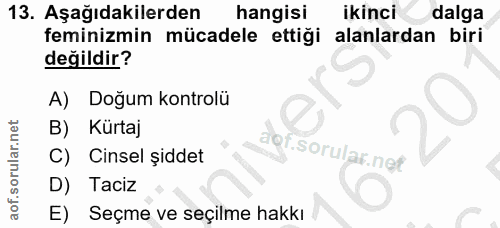 13. soru: Aşağıdakilerden hangisi ikinci dalga feminizmin mücadele ettiği alanlardan biri değildir? A) Doğum kontrolü B) Kurtaj…