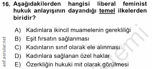 16. soru: Aşağıdakilerden hangisi liberal feminist hukuk anlayışının dayandığı temel ilkelerden biridir? A) Kadınlara ikincil m…