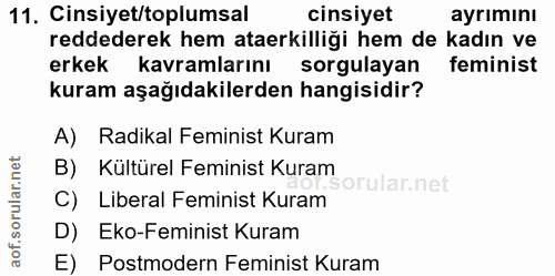11. soru: Cinsiyet/toplumsal cinsiyet ayrımını reddederek hem ataerkilliği hem de kadın ve erkek kavramlarını sorgulayan femini…