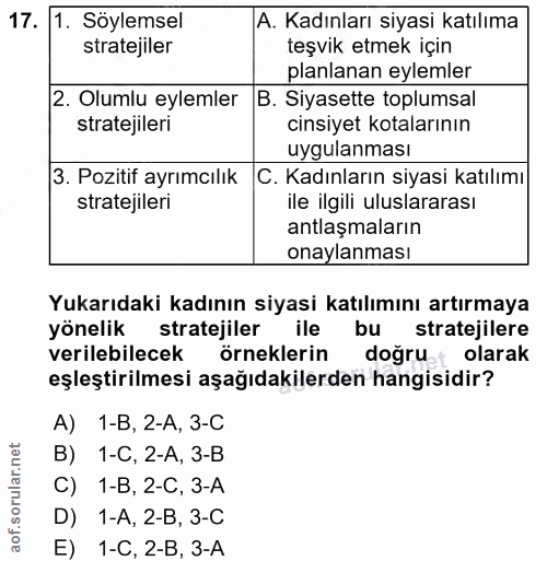 17. soru: 1. Söylemsel A. Kadınları siyasi katılıma stratejiler teşvik etmek için planlanan eylemler 2. Olumlu eylemler B. Siya…