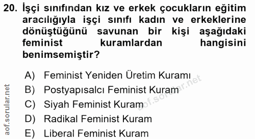 20. soru: İşçi sınıfından kız ve erkek çocukların eğitim aracılığıyla işçi sınıfı kadın ve erkeklerine dönüştüğünü savunan bir…