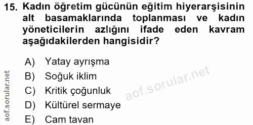 15. soru: Kadın öğretim gücünün eğitim hiyerarşisinin alt basamaklarında toplanması ve kadın yöneticilerin azlığını ifade eden…