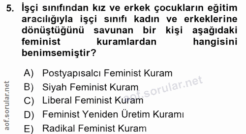 5. soru: İşçi sınıfından kız ve erkek çocukların eğitim aracılığıyla işçi sınıfı kadın ve erkeklerine dönüştüğünü savunan bir…