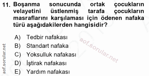 11. soru: Boşanma sonucunda ortak çocukların velayetini üstlenmiş tarafa çocukların masraflarını karşılaması için ödenen nafaka…