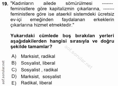 19. soru: "Kadınların ailede sömürülmesi feministlere göre kapitalizmin çıkarlarına, feministlere göre ise ataerkil sistemdeki…