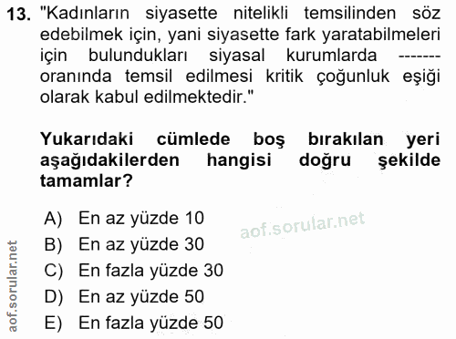 13. soru: "Kadınların siyasette nitelikli temsilinden söz edebilmek için, yani siyasette fark yaratabilmeleri için bulundukları…