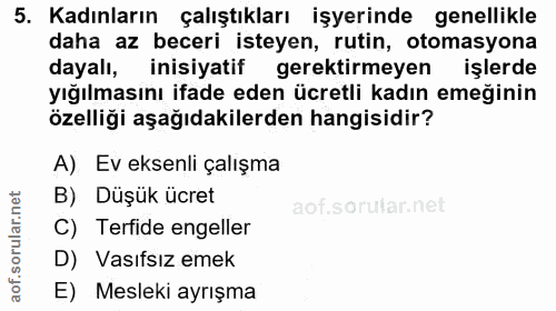 5. soru: Kadınların çalıştıkları işyerinde genellikle daha az beceri isteyen, rutin, otomasyona dayalı, inisiyatif gerektirmey…
