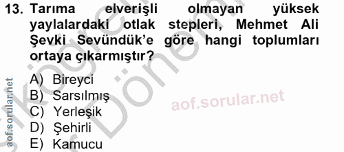 13. soru: Tarıma elverişli olmayan yüksek yaylalardaki otlak stepleri, Mehmet Ali Şevki Sevündük'e göre hangi toplumları ortaya…