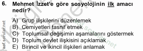 6. soru: Mehmet İzzet'e göre sosyolojinin ilk amacı nedir? A) Grup ilişkilerini düzenlemek B) Cemiyetleri tasnif etmek C) Topl…