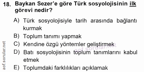 18. soru: Baykan Sezer'e göre Türk sosyolojisinin ilk görevi nedir? A) Türk sosyolojisiyle tarih arasında bağlantı kurmak B) To…