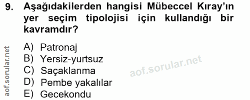 9. soru: Aşağıdakilerden hangisi Mübeccel Kıray'ın yer seçim tipolojisi için kullandığı bir kavramdır? A) Patronaj B) Yersiz-y…