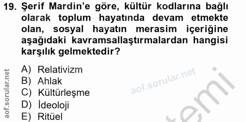 19. soru: Şerif Mardin'e göre, kültür kodlarına bağlı olarak toplum hayatında devam etmekte olan, sosyal hayatın merasim içeriğ…